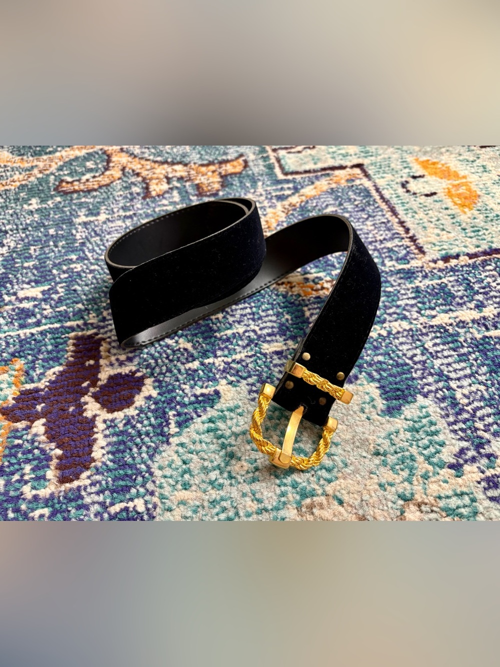 VTG 1980s Black Velvet Belt with Gold Rope Buckle